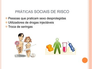PRÁTICAS  SOCIAIS DE RISCO Pessoas que praticam sexo desprotegidas Utilizadores de drogas injectáveis Troca de seringas 
