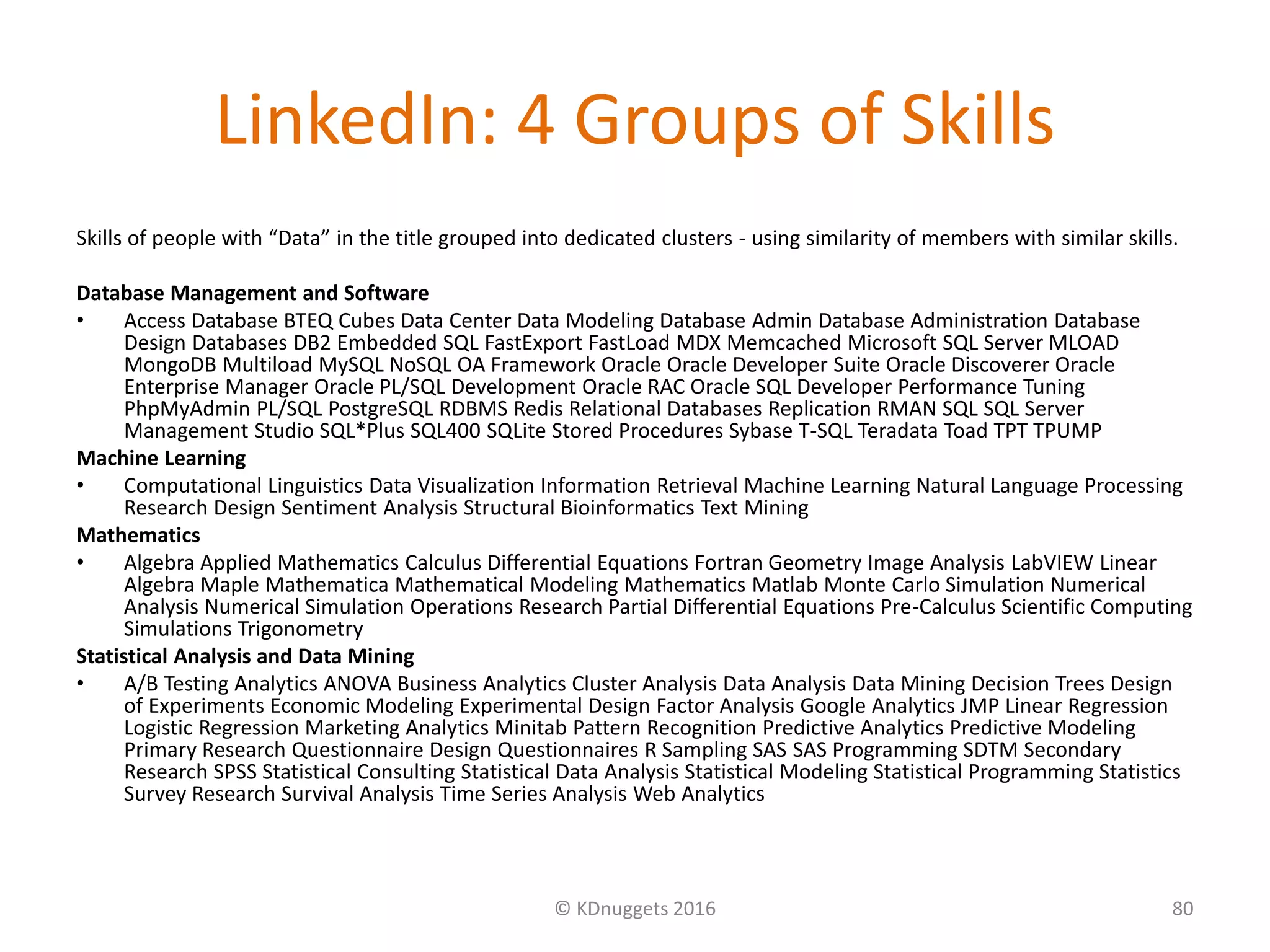 LinkedIn: 4 Groups of Skills
Skills of people with “Data” in the title grouped into dedicated clusters - using similarity of members with similar skills.
Database Management and Software
• Access Database BTEQ Cubes Data Center Data Modeling Database Admin Database Administration Database
Design Databases DB2 Embedded SQL FastExport FastLoad MDX Memcached Microsoft SQL Server MLOAD
MongoDB Multiload MySQL NoSQL OA Framework Oracle Oracle Developer Suite Oracle Discoverer Oracle
Enterprise Manager Oracle PL/SQL Development Oracle RAC Oracle SQL Developer Performance Tuning
PhpMyAdmin PL/SQL PostgreSQL RDBMS Redis Relational Databases Replication RMAN SQL SQL Server
Management Studio SQL*Plus SQL400 SQLite Stored Procedures Sybase T-SQL Teradata Toad TPT TPUMP
Machine Learning
• Computational Linguistics Data Visualization Information Retrieval Machine Learning Natural Language Processing
Research Design Sentiment Analysis Structural Bioinformatics Text Mining
Mathematics
• Algebra Applied Mathematics Calculus Differential Equations Fortran Geometry Image Analysis LabVIEW Linear
Algebra Maple Mathematica Mathematical Modeling Mathematics Matlab Monte Carlo Simulation Numerical
Analysis Numerical Simulation Operations Research Partial Differential Equations Pre-Calculus Scientific Computing
Simulations Trigonometry
Statistical Analysis and Data Mining
• A/B Testing Analytics ANOVA Business Analytics Cluster Analysis Data Analysis Data Mining Decision Trees Design
of Experiments Economic Modeling Experimental Design Factor Analysis Google Analytics JMP Linear Regression
Logistic Regression Marketing Analytics Minitab Pattern Recognition Predictive Analytics Predictive Modeling
Primary Research Questionnaire Design Questionnaires R Sampling SAS SAS Programming SDTM Secondary
Research SPSS Statistical Consulting Statistical Data Analysis Statistical Modeling Statistical Programming Statistics
Survey Research Survival Analysis Time Series Analysis Web Analytics
© KDnuggets 2016 80
 