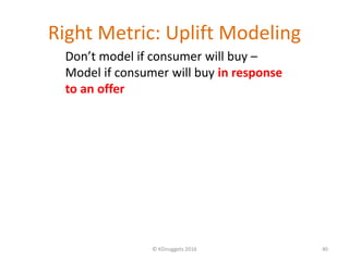 Right Metric: Uplift Modeling
© KDnuggets 2016 40
Don’t model if consumer will buy –
Model if consumer will buy in response
to an offer
 