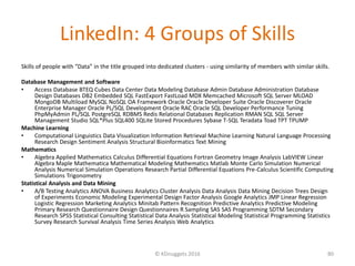 LinkedIn: 4 Groups of Skills
Skills of people with “Data” in the title grouped into dedicated clusters - using similarity of members with similar skills.
Database Management and Software
• Access Database BTEQ Cubes Data Center Data Modeling Database Admin Database Administration Database
Design Databases DB2 Embedded SQL FastExport FastLoad MDX Memcached Microsoft SQL Server MLOAD
MongoDB Multiload MySQL NoSQL OA Framework Oracle Oracle Developer Suite Oracle Discoverer Oracle
Enterprise Manager Oracle PL/SQL Development Oracle RAC Oracle SQL Developer Performance Tuning
PhpMyAdmin PL/SQL PostgreSQL RDBMS Redis Relational Databases Replication RMAN SQL SQL Server
Management Studio SQL*Plus SQL400 SQLite Stored Procedures Sybase T-SQL Teradata Toad TPT TPUMP
Machine Learning
• Computational Linguistics Data Visualization Information Retrieval Machine Learning Natural Language Processing
Research Design Sentiment Analysis Structural Bioinformatics Text Mining
Mathematics
• Algebra Applied Mathematics Calculus Differential Equations Fortran Geometry Image Analysis LabVIEW Linear
Algebra Maple Mathematica Mathematical Modeling Mathematics Matlab Monte Carlo Simulation Numerical
Analysis Numerical Simulation Operations Research Partial Differential Equations Pre-Calculus Scientific Computing
Simulations Trigonometry
Statistical Analysis and Data Mining
• A/B Testing Analytics ANOVA Business Analytics Cluster Analysis Data Analysis Data Mining Decision Trees Design
of Experiments Economic Modeling Experimental Design Factor Analysis Google Analytics JMP Linear Regression
Logistic Regression Marketing Analytics Minitab Pattern Recognition Predictive Analytics Predictive Modeling
Primary Research Questionnaire Design Questionnaires R Sampling SAS SAS Programming SDTM Secondary
Research SPSS Statistical Consulting Statistical Data Analysis Statistical Modeling Statistical Programming Statistics
Survey Research Survival Analysis Time Series Analysis Web Analytics
© KDnuggets 2016 80
 