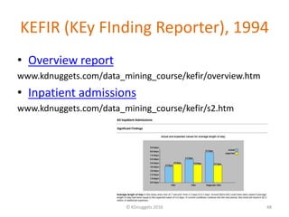 KEFIR (KEy FInding Reporter), 1994
• Overview report
www.kdnuggets.com/data_mining_course/kefir/overview.htm
• Inpatient a...