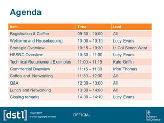 Agenda
OFFICIAL© Crown copyright 2017 Dstl
11 April 2017
Item Time Lead
Registration & Coffee 09:30 – 10:00 All
Welcome an...