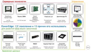 Серверные технологии 
PowerEdge: 13е поколение и 13 причин его использовать 
Для развития ЦОД ваших заказчиков 
Управление 
Новейшие 
процессоры 
На 30% 
производительнее 
Память DDR4 
На 10% быстрее 
Select 
Network 
Adapters 
Больше выбора и 
гибкости 
Архитектура FX 
Самая гибкая 
инфраструктура 
OpenManage 
Essentials 2.0 
Server 
Storage 
Tiering 
Хранение данных 
Автоматизация 
для всех 
Fresh Air 2.0 
Расширенный 
диапазон 
температур 
Больше 
дисков 
Первый сервер со 
100TБ пространства 
Express Flash 2.0 
Скорость доступа и 
горячая замена 
PERC9 
Удвоение 
производительности 
Expanded 
SSD Offerings 
Оптимизация для 
чтения или записи 
Fluid Cache 
for SAN 
Драматический рост 
производительности 
 