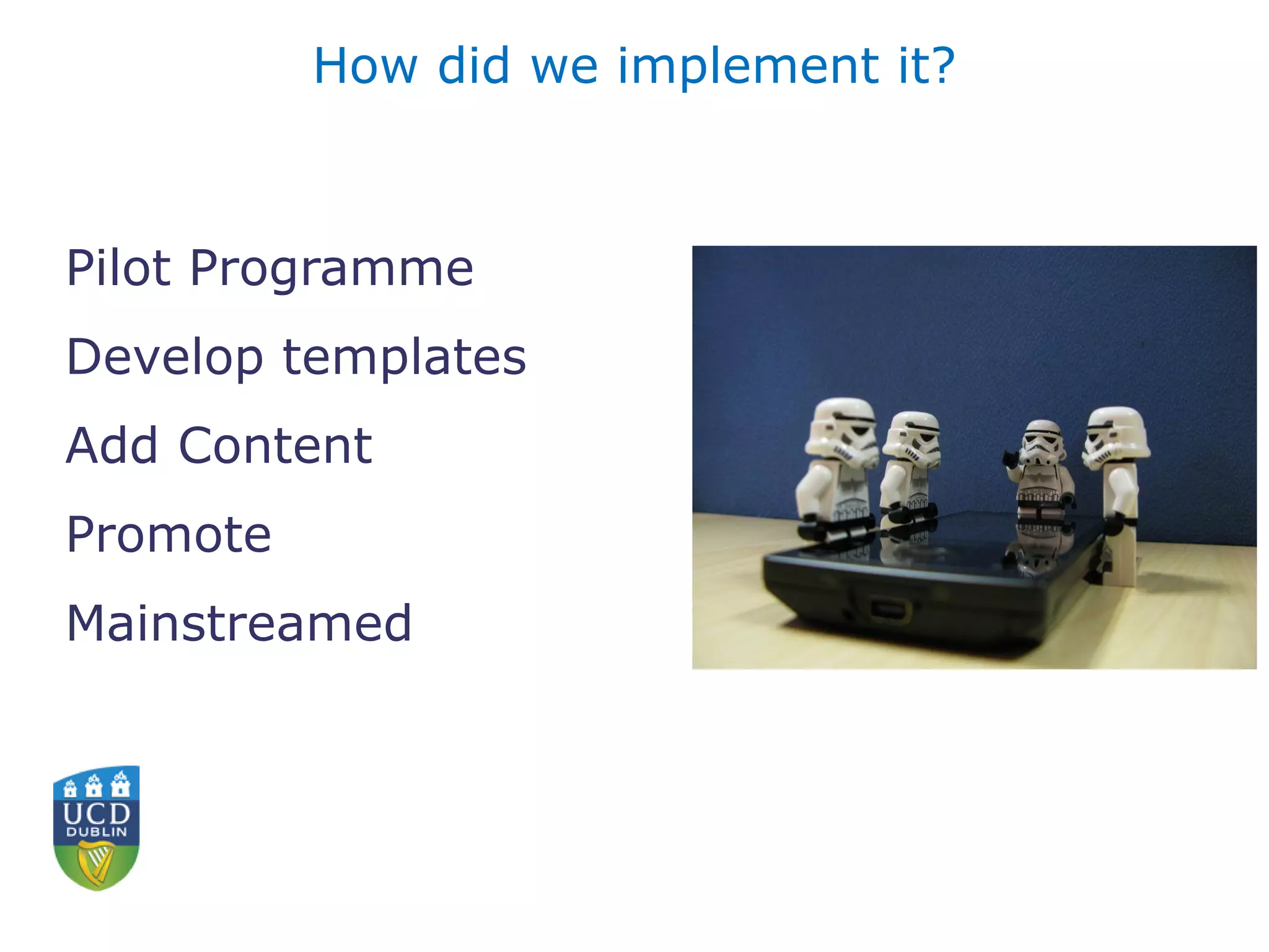 How did we implement it?
Pilot Programme
Develop templates
Add Content
Promote
Mainstreamed
 