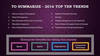 TO SUMMARIZE - 2016 TOP TEN TRENDS
Speed Agility Digitalization
Competitive
Advantage
Enterprise benefits for taking this journey
1. Embrace Digital Convergence
2. Think IoT Integration
3. Data Scientists hold the key to the future
4. Wearables Integration
5. Birth of High Powered Analytics Platform
6. Digital & Enterprise Security
7. DevOps
8. Change Management in the Digital Era
9. Proof of Value will replace Proof of Concept
10. Transformation through Optimization
 