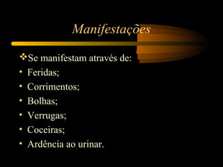 Manifestações
Se manifestam através de:
• Feridas;
• Corrimentos;
• Bolhas;
• Verrugas;
• Coceiras;
• Ardência ao urinar.
 