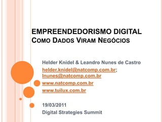 EMPREENDEDORISMO DIGITALComo Dados ViramNegócios HelderKnidel & Leandro Nunes de Castro helder.knidel@natcomp.com.br; lnunes@natcomp.com.br www.natcomp.com.br www.tuilux.com.br 19/03/2011 Digital Strategies Summit 