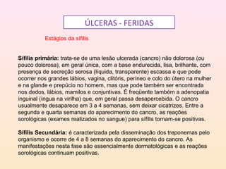 ÚLCERAS - FERIDAS
Estágios da sífilis
Sífilis primária: trata-se de uma lesão ulcerada (cancro) não dolorosa (ou
pouco dolorosa), em geral única, com a base endurecida, lisa, brilhante, com
presença de secreção serosa (líquida, transparente) escassa e que pode
ocorrer nos grandes lábios, vagina, clitóris, períneo e colo do útero na mulher
e na glande e prepúcio no homem, mas que pode também ser encontrada
nos dedos, lábios, mamilos e conjuntivas. É freqüente também a adenopatia
inguinal (íngua na virilha) que, em geral passa desapercebida. O cancro
usualmente desaparece em 3 a 4 semanas, sem deixar cicatrizes. Entre a
segunda e quarta semanas do aparecimento do cancro, as reações
sorológicas (exames realizados no sangue) para sífilis tornam-se positivas.
Sífilis Secundária: é caracterizada pela disseminação dos treponemas pelo
organismo e ocorre de 4 a 8 semanas do aparecimento do cancro. As
manifestações nesta fase são essencialmente dermatológicas e as reações
sorológicas continuam positivas.
 