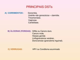 PRINCIPAIS DSTs
A) CORRIMENTOS : Gonorréia.
Uretrite não gonocócica – clamídia.
Tricomoníase.
Vaginose.
Candidíase.
B) ÚLCERAS (FERIDAS): Sífilis ou Cancro duro.
Cancro mole.
Herpes genital.
Linfogranuloma venéreo.
Donovanose (granuloma inguinal).
C) VERRUGAS: HPV ou Condiloma acuminado
 
