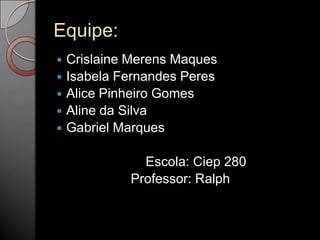 Equipe:






Crislaine Merens Maques
Isabela Fernandes Peres
Alice Pinheiro Gomes
Aline da Silva
Gabriel Marques
Escola: Ciep 280
Professor: Ralph

 