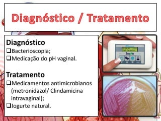 Diagnóstico
Bacterioscopia;
Medicação do pH vaginal.
Tratamento
Medicamentos antimicrobianos
(metronidazol/ Clindamicina
intravaginal);
Iogurte natural.
 
