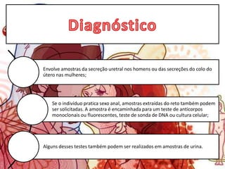 Envolve amostras da secreção uretral nos homens ou das secreções do colo do
útero nas mulheres;
Se o indivíduo pratica sexo anal, amostras extraídas do reto também podem
ser solicitadas. A amostra é encaminhada para um teste de anticorpos
monoclonais ou fluorescentes, teste de sonda de DNA ou cultura celular;
Alguns desses testes também podem ser realizados em amostras de urina.
 
