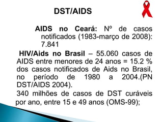 AIDS no Ceará: Nº de casos
notificados (1983-março de 2008):
7.841
 HIV/Aids no Brasil – 55.060 casos de
AIDS entre menores de 24 anos = 15.2 %
dos casos notificados de Aids no Brasil,
no período de 1980 a 2004.(PN
DST/AIDS 2004).
340 milhões de casos de DST curáveis
por ano, entre 15 e 49 anos (OMS-99);
 