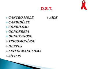 CANCRO MOLE
 CANDIDÍASE
 CONDILOMA
 GONORRÉIA
 DONOVANOSE
 TRICOMONÍASE
 HERPES
 LINFOGRANULOMA
 SÍFILIS
 AIDS
 