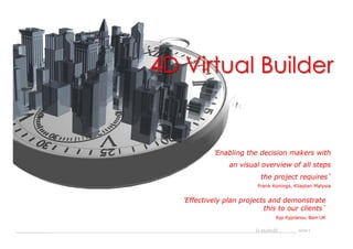 _____________ D-studio@ slide1
4D Virtual Builder
‘Enabling the decision makers with
an visual overview of all steps
the project requires’
Frank Konings, Kliaplan Malysia
‘Effectively plan projects and demonstrate
this to our clients’
Kyp Kyprianou, Bam UK
 