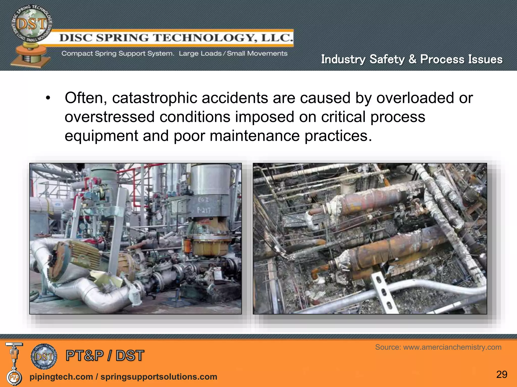 pipingtech.com / springsupportsolutions.com 29
• Often, catastrophic accidents are caused by overloaded or
overstressed conditions imposed on critical process
equipment and poor maintenance practices.
Industry Safety & Process Issues
Source: www.amercianchemistry.com
 