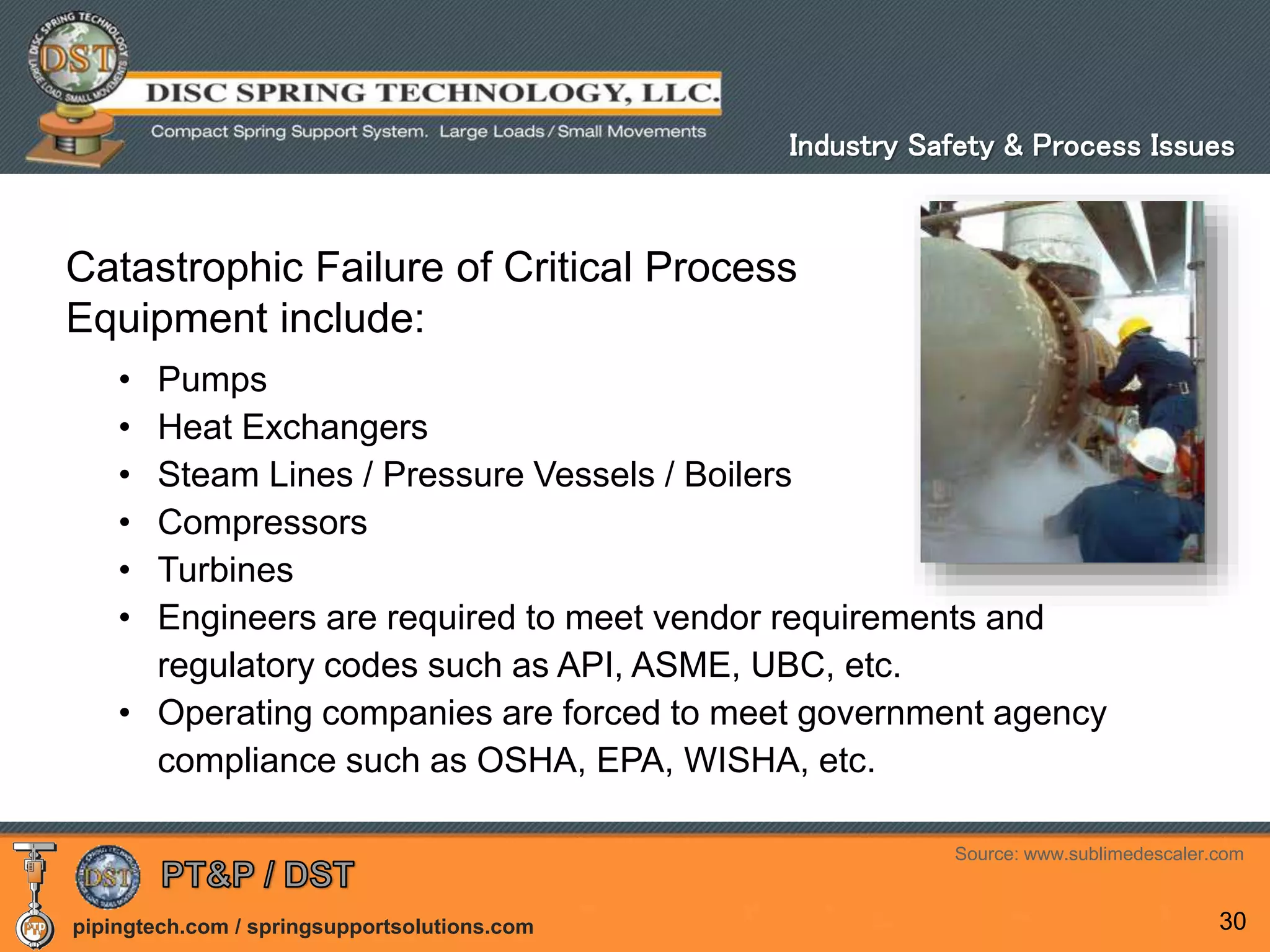 pipingtech.com / springsupportsolutions.com 30
Catastrophic Failure of Critical Process
Equipment include:
• Pumps
• Heat Exchangers
• Steam Lines / Pressure Vessels / Boilers
• Compressors
• Turbines
• Engineers are required to meet vendor requirements and
regulatory codes such as API, ASME, UBC, etc.
• Operating companies are forced to meet government agency
compliance such as OSHA, EPA, WISHA, etc.
Industry Safety & Process Issues
Source: www.sublimedescaler.com
 