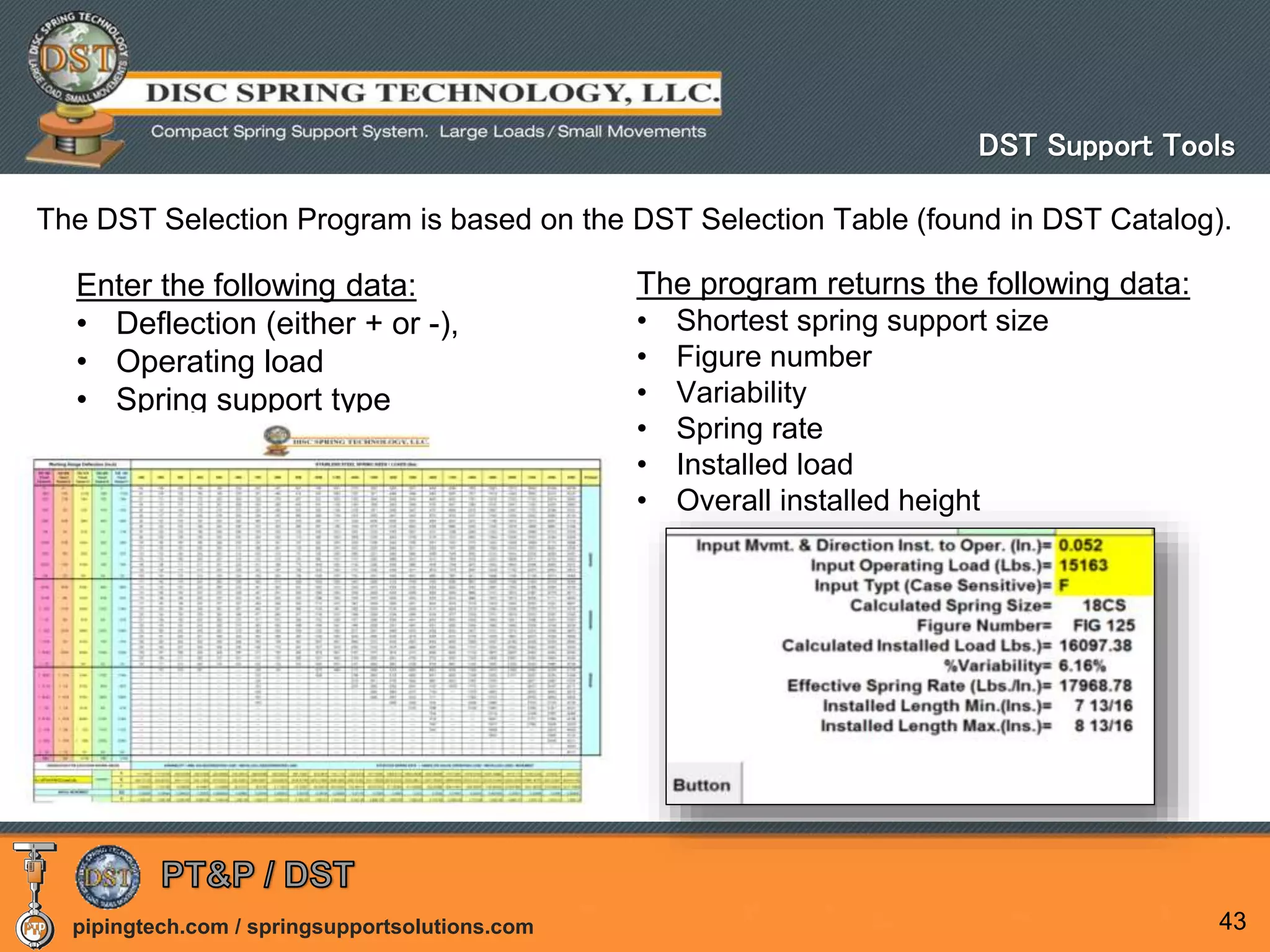 pipingtech.com / springsupportsolutions.com 43
The DST Selection Program is based on the DST Selection Table (found in DST Catalog).
Enter the following data:
• Deflection (either + or -),
• Operating load
• Spring support type
The program returns the following data:
• Shortest spring support size
• Figure number
• Variability
• Spring rate
• Installed load
• Overall installed height
DST Support Tools
 