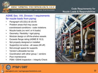 pipingtech.com / springsupportsolutions.com 22
Code Requirements for
Nozzle Loads & Responsibilities
ASME Sec. VIII, Division 1 requirements
for nozzle loads from piping:
• Paragraph UG-22(c) & UG-45
• Problem areas that may cause
overstressed conditions - code violations
• Nozzle loads (no reinf. or hi loads)
• Geometry / flexibility / rigid piping
• Modular design or off-the-shelve vessels
• Exceeds flange rating (ASME B 16.5)
• Not properly designed or installed
• Support(s) not active - all cases (lift off)
• Not enough space for supports
• Vendor’s allowable too low
• Coordination with other group / vendors
• Poor maintenance
• PSM / OSHA Inspection – Integrity Check
 