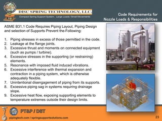 pipingtech.com / springsupportsolutions.com 23
ASME B31.1 Code Requires Piping Layout, Piping Design
and selection of Supports Prevent the Following:
1. Piping stresses in excess of those permitted in the code.
2. Leakage at the flange joints.
3. Excessive thrust and moments on connected equipment
(such as pumps / turbine).
4. Excessive stresses in the supporting (or restraining)
elements.
5. Resonance with imposed fluid induced vibrations.
6. Excessive interference with thermal expansion and
contraction in a piping system, which is otherwise
adequately flexible.
7. Unintentional disengagement of piping from its supports.
8. Excessive piping sag in systems requiring drainage
slope.
9. Excessive heat flow, exposing supporting elements to
temperature extremes outside their design limits.
Code Requirements for
Nozzle Loads & Responsibilities
 