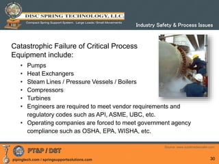pipingtech.com / springsupportsolutions.com 30
Catastrophic Failure of Critical Process
Equipment include:
• Pumps
• Heat Exchangers
• Steam Lines / Pressure Vessels / Boilers
• Compressors
• Turbines
• Engineers are required to meet vendor requirements and
regulatory codes such as API, ASME, UBC, etc.
• Operating companies are forced to meet government agency
compliance such as OSHA, EPA, WISHA, etc.
Industry Safety & Process Issues
Source: www.sublimedescaler.com
 