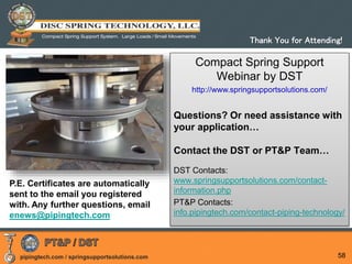 pipingtech.com / springsupportsolutions.com 58
Compact Spring Support
Webinar by DST
http://www.springsupportsolutions.com/
Questions? Or need assistance with
your application…
Contact the DST or PT&P Team…
DST Contacts:
www.springsupportsolutions.com/contact-
information.php
PT&P Contacts:
info.pipingtech.com/contact-piping-technology/
Thank You for Attending!
P.E. Certificates are automatically
sent to the email you registered
with. Any further questions, email
enews@pipingtech.com
 