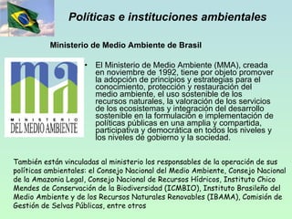 Políticas e instituciones ambientales El Ministerio de Medio Ambiente (MMA), creada en noviembre de 1992, tiene por objeto promover la adopción de principios y estrategias para el conocimiento, protección y restauración del medio ambiente, el uso sostenible de los recursos naturales, la valoración de los servicios de los ecosistemas y integración del desarrollo sostenible en la formulación e implementación de políticas públicas en una amplia y compartida, participativa y democrática en todos los niveles y los niveles de gobierno y la sociedad.  Ministerio de Medio Ambiente de Brasil   También están vinculadas al ministerio los responsables de la operación de sus políticas ambientales: el Consejo Nacional del Medio Ambiente, Consejo Nacional de la Amazonia Legal, Consejo Nacional de Recursos Hídricos, Instituto Chico Mendes de Conservación de la Biodiversidad (ICMBIO), Instituto Brasileño del Medio Ambiente y de los Recursos Naturales Renovables (IBAMA), Comisión de Gestión de Selvas Públicas, entre otros  