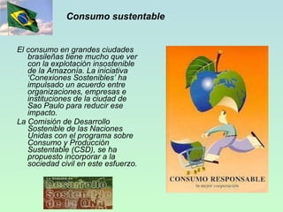 Consumo sustentable El consumo en grandes ciudades brasileñas tiene mucho que ver con la explotación insostenible de la Amazonía. La iniciativa ‘Conexiones Sostenibles’ ha impulsado un acuerdo entre organizaciones, empresas e instituciones de la ciudad de Sao Paulo para reducir ese impacto.  La Comisión de Desarrollo Sostenible de las Naciones Unidas con el programa sobre Consumo y Producción Sustentable (CSD), se ha propuesto incorporar a la sociedad civil en este esfuerzo. 
