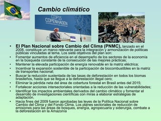 Cambio climático El Plan Nacional sobre Cambio del Clima (PNMC),   lanzado en el 2008, constituye un marco relevante para la integración y armonización de políticas públicas vinculadas al tema. Los siete objetivos del plan son: Fomentar aumentos de eficiencia en el desempeño de los sectores de la economía en la búsqueda constante de la consecución de las mejores prácticas; Mantener la elevada participación de energía renovable en la matriz eléctrica; Incentivar la expansión sostenible de la participación de biocombustibles en la matriz de transportes nacional; Buscar la reducción sustentada de las tasas de deforestación en todos los biomas brasileños, hasta que se llegue a la deforestación ilegal cero; Eliminar la pérdida neta del área de cobertura forestal en Brasil antes del 2015; Fortalecer acciones intersectoriales orientadas a la reducción de las vulnerabilidades; Identificar los impactos ambientales derivados del cambio climático y fomentar el desarrollo de investigaciones científicas con miras a elaborar estrategias de adaptación.  Hacia fines del 2009 fueron aprobadas las leyes de la Política Nacional sobre Cambio del Clima y del Fondo Clima. Los planes sectoriales de reducción de emisiones para las áreas de bosques, energía, agropecuaria y siderurgia, combate a la deforestación en la Amazonía   