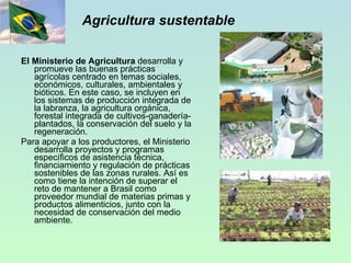 Agricultura sustentable El Ministerio de Agricultura  desarrolla y promueve las buenas prácticas agrícolas centrado en temas sociales, económicos, culturales, ambientales y bióticos. En este caso, se incluyen en los sistemas de producción integrada de la labranza, la agricultura orgánica, forestal integrada de cultivos-ganadería-plantados, la conservación del suelo y la regeneración. Para apoyar a los productores, el Ministerio desarrolla proyectos y programas específicos de asistencia técnica, financiamiento y regulación de prácticas sostenibles de las zonas rurales. Así es como tiene la intención de superar el reto de mantener a Brasil como proveedor mundial de materias primas y productos alimenticios, junto con la necesidad de conservación del medio ambiente. 