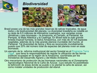 Biodiversidad Brasil posee una de las más grandes reservas de selvas tropicales, de agua dulce y de biodiversidad del planeta, La diversidad brasileña es notable en su área de 8,5 millones de kilómetros cuadrados, sus variadas zonas climáticas y seis biomasas – la Amazonia, el Cerrado, el Pantanal, los Pampas, la Mata Atlántica y la Caatinga. En Brasil está la más grande foresta tropical húmeda, la Selva Amazónica, con más de 30 mil especies vegetales, además de la más grande planicie inundable del mundo, el Pantanal. Tal diversidad de fauna y flora es reconocida mundialmente, puesto que 20% del número total de especies del planeta viven en esas biomasas. Un ejemplo de la  reforma institucional del sector forestal es el  Programa   Terra   Legal  , que tiene la responsabilidad de regular la utilización de las tierras públicas ocupadas en la región de la Amazonia. coordinada por los ministerios del Desarrollo Agrario y del Medio Ambiente. Otro mecanismo de protección de las biomasas nacionales es el Zoneamento Agroecológico Nacional de la Caña de Azúcar, cuyo estudio ha posibilitado la definición de áreas donde se puede o no plantar la caña de azúcar, así como instalar unidades de producción del etanol. 