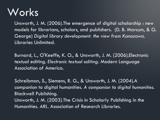 Works
 Unsworth, J. M. (2006).The emergence of digital scholarship : new
 models for librarians, scholars, and publishers. (D. B. Marcum, & G.
 George) Digital library development: the view from Kanazawa.
 Libraries Unlimited.

 Burnard, L., O'Keeffe, K. O., & Unsworth, J. M. (2006).Electronic
 textual editing. Electronic textual editing. Modern Language
 Association of America.

 Schreibman, S., Siemens, R. G., & Unsworth, J. M. (2004).A
 companion to digital humanities. A companion to digital humanities.
 Blackwell Publishing.
 Unsworth, J. M. (2003).The Crisis in Scholarly Publishing in the
 Humanities. ARL. Association of Research Libraries.
 