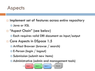 Aspects

   Implement set of features across entire repository
     Java   or XSL
   “Aspect Chain” (see below)
     Each   requires valid DRI document as input/output
   Core Aspects in DSpace 1.5
     ArtifactBrowser (browse / search)
     E-Person (login / logout)

     Submission (submit new items)

     Administrative (admin and management tools)
 