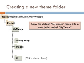 Creating a new theme folder
dspace/modules/xmlui/src/main/webapp

    themes                  Copy the default “Reference” theme into a
                                  new folder called “MyTheme”
         MyTheme



             sitemap.xmap


             images



             lib      (CSS is stored here)
 