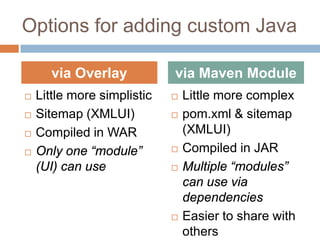 Options for adding custom Java

      via Overlay            via Maven Module
   Little more simplistic      Little more complex
   Sitemap (XMLUI)             pom.xml & sitemap
   Compiled in WAR              (XMLUI)
   Only one “module”           Compiled in JAR
    (UI) can use                Multiple “modules”
                                 can use via
                                 dependencies
                                Easier to share with
                                 others
 