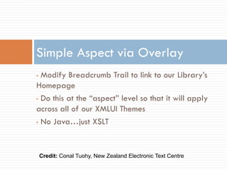 Simple Aspect via Overlay
• Modify Breadcrumb Trail to link to our Library’s
Homepage
• Do this at the “aspect” level so that it will apply

across all of our XMLUI Themes
• No Java…just XSLT




    Credit: Conal Tuohy, New Zealand Electronic Text Centre
 
