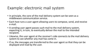 Example: electronic mail system
• In principle, the core of the mail delivery system can be seen as a
middleware communication service.
• Each host runs a user agent allowing users to compose, send, and receive
e-mail.
• A sending user agent passes such mail to the mail delivery system,
expecting it, in tum, to eventually deliver the mail to the intended
recipient.
• Likewise, the user agent at the receiver's side connects to the mail delivery
system to see whether any mail has come in.
• If so, the messages are transferred to the user agent so that they can be
displayed and read by the user.
 