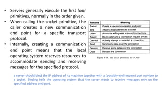 • Servers generally execute the first four
primitives, normally in the order given.
• When calling the socket primitive, the
caller creates a new communication
end point for a specific transport
protocol.
• Internally, creating a communication
end point means that the local
operating system reserves resources to
accommodate sending and receiving
messages for the specified protocol.
a server should bind the IP address of its machine together with a (possibly well-known) port number to
a socket. Binding tells the operating system that the server wants to receive messages only on the
specified address and port.
 