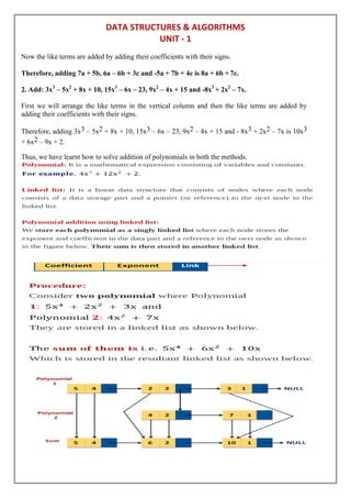 DATA STRUCTURES & ALGORITHMS
UNIT - 1
Now the like terms are added by adding their coefficients with their signs.
Therefore, adding 7a + 5b, 6a – 6b + 3c and -5a + 7b + 4c is 8a + 6b + 7c.
2. Add: 3x3
– 5x2
+ 8x + 10, 15x3
– 6x – 23, 9x2
– 4x + 15 and -8x3
+ 2x2
– 7x.
First we will arrange the like terms in the vertical column and then the like terms are added by
adding their coefficients with their signs.
Therefore, adding 3x3 – 5x2 + 8x + 10, 15x3 – 6x – 23, 9x2 – 4x + 15 and - 8x3 + 2x2 – 7x is 10x3
+ 6x2 – 9x + 2.
Thus, we have learnt how to solve addition of polynomials in both the methods.
 