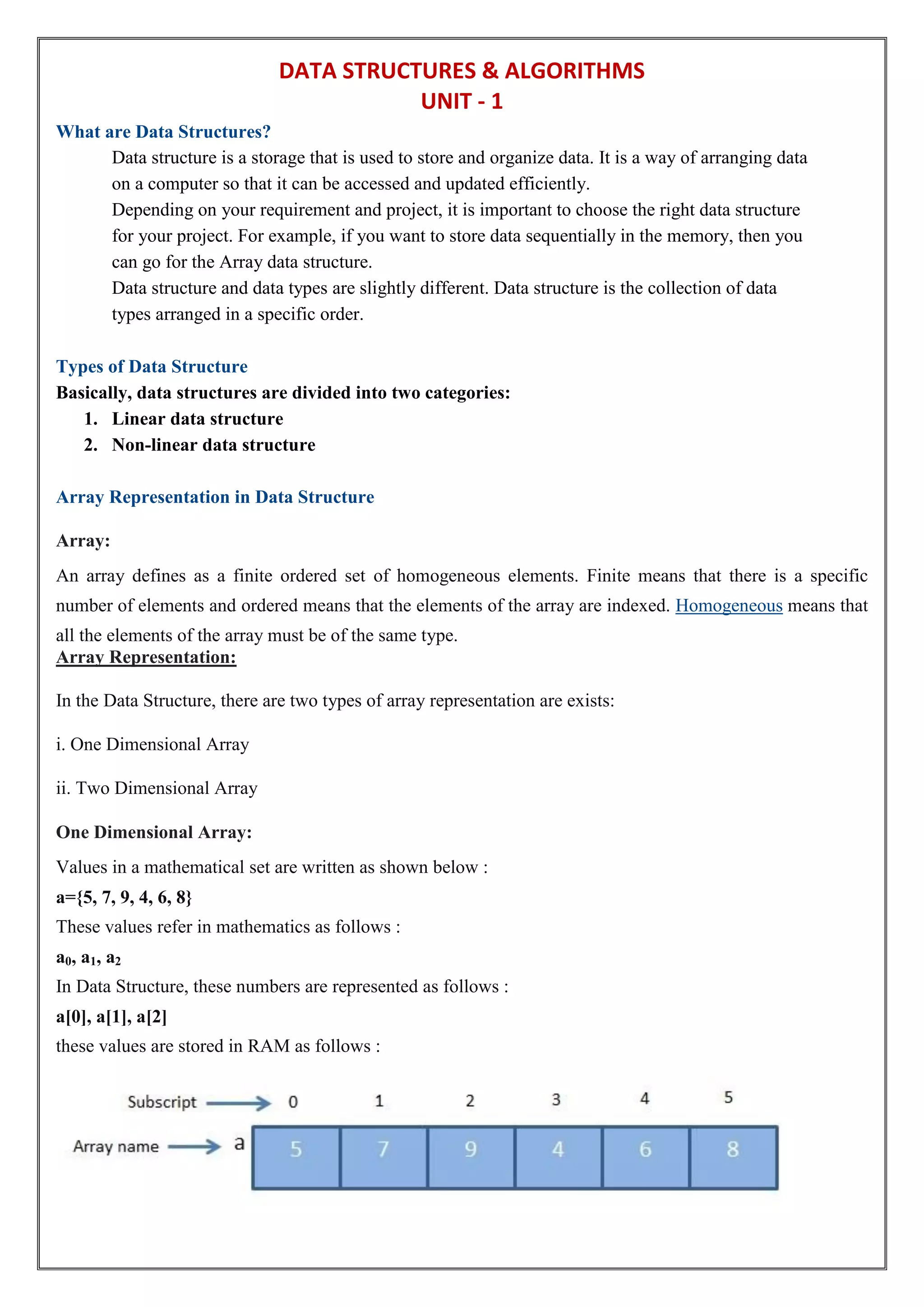 DATA STRUCTURES & ALGORITHMS
UNIT - 1
What are Data Structures?
Data structure is a storage that is used to store and organize data. It is a way of arranging data
on a computer so that it can be accessed and updated efficiently.
Depending on your requirement and project, it is important to choose the right data structure
for your project. For example, if you want to store data sequentially in the memory, then you
can go for the Array data structure.
Data structure and data types are slightly different. Data structure is the collection of data
types arranged in a specific order.
Types of Data Structure
Basically, data structures are divided into two categories:
1. Linear data structure
2. Non-linear data structure
Array Representation in Data Structure
Array:
An array defines as a finite ordered set of homogeneous elements. Finite means that there is a specific
number of elements and ordered means that the elements of the array are indexed. Homogeneous means that
all the elements of the array must be of the same type.
Array Representation:
In the Data Structure, there are two types of array representation are exists:
i. One Dimensional Array
ii. Two Dimensional Array
One Dimensional Array:
Values in a mathematical set are written as shown below :
a={5, 7, 9, 4, 6, 8}
These values refer in mathematics as follows :
a0, a1, a2
In Data Structure, these numbers are represented as follows :
a[0], a[1], a[2]
these values are stored in RAM as follows :
 