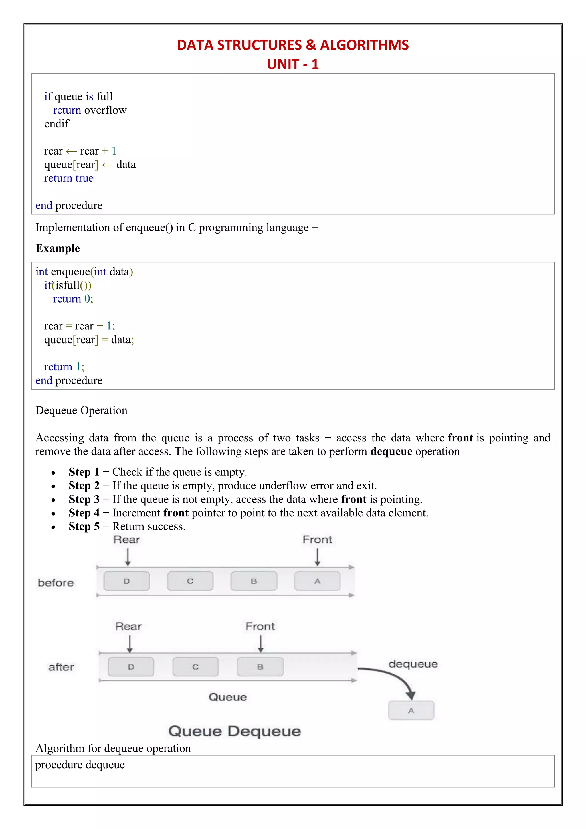 DATA STRUCTURES & ALGORITHMS
UNIT - 1
if queue is full
return overflow
endif
rear ← rear + 1
queue[rear] ← data
return true
end procedure
Implementation of enqueue() in C programming language −
Example
int enqueue(int data)
if(isfull())
return 0;
rear = rear + 1;
queue[rear] = data;
return 1;
end procedure
Dequeue Operation
Accessing data from the queue is a process of two tasks − access the data where front is pointing and
remove the data after access. The following steps are taken to perform dequeue operation −
 Step 1 − Check if the queue is empty.
 Step 2 − If the queue is empty, produce underflow error and exit.
 Step 3 − If the queue is not empty, access the data where front is pointing.
 Step 4 − Increment front pointer to point to the next available data element.
 Step 5 − Return success.
Algorithm for dequeue operation
procedure dequeue
 