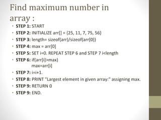 Find maximum number in
array :
• STEP 1: START
• STEP 2: INITIALIZE arr[] = {25, 11, 7, 75, 56}
• STEP 3: length= sizeof(arr)/sizeof(arr[0])
• STEP 4: max = arr[0]
• STEP 5: SET i=0. REPEAT STEP 6 and STEP 7 i<length
• STEP 6: if(arr[i]>max)
max=arr[i]
• STEP 7: i=i+1.
• STEP 8: PRINT "Largest element in given array:" assigning max.
• STEP 9: RETURN 0
• STEP 9: END.
 