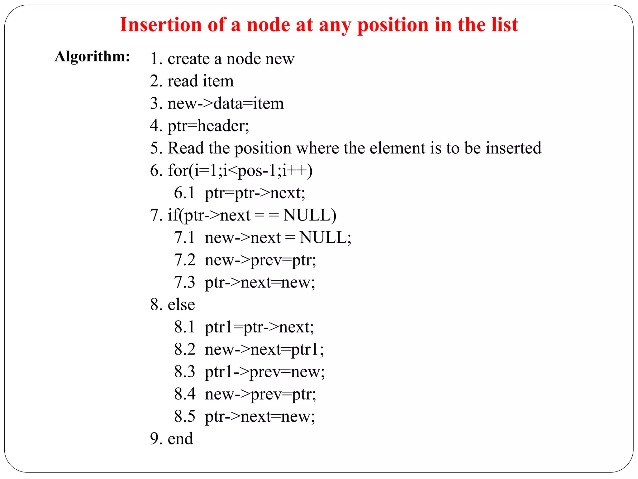 Insertion of a node at any position in the list
1. create a node new
2. read item
3. new->data=item
4. ptr=header;
5. Read the position where the element is to be inserted
6. for(i=1;i<pos-1;i++)
6.1 ptr=ptr->next;
7. if(ptr->next = = NULL)
7.1 new->next = NULL;
7.2 new->prev=ptr;
7.3 ptr->next=new;
8. else
8.1 ptr1=ptr->next;
8.2 new->next=ptr1;
8.3 ptr1->prev=new;
8.4 new->prev=ptr;
8.5 ptr->next=new;
9. end
Algorithm:
 