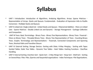 Syllabus
• UNIT I Introduction: Introduction of Algorithms, Analysing Algorithms. Arrays: Sparse Matrices -
Representation of Arrays. Stacks and Queues. Fundamentals - Evaluation of Expression Infix to Postfix
Conversion - Multiple Stacks and Queues
• UNIT II Linked List: Singly Linked List - Linked Stacks and Queues - Polynomial Addition - More on Linked
Lists - Sparse Matrices - Doubly Linked List and Dynamic - Storage Management - Garbage Collection
and Compaction.
• UNIT III Trees: Basic Terminology - Binary Trees - Binary Tree Representations - Binary Trees -Traversal -
More on Binary Trees - Threaded Binary Trees - Binary Tree Representation of Trees - Counting Binary
Trees. Graphs: Terminology and Representations - Traversals, Connected Components and Spanning
Trees, Shortest Paths and Transitive Closure
• UNIT IV External Sorting: Storage Devices -Sorting with Disks: K-Way Merging - Sorting with Tapes
Symbol Tables: Static Tree Tables - Dynamic Tree Tables - Hash Tables: Hashing Functions - Overflow
Handling.
• UNIT V Internal Sorting: Insertion Sort - Quick Sort - 2 Way Merge Sort - Heap Sort - Shell Sort - Sorting
on Several Keys. Files: Files, Queries and Sequential organizations - Index Techniques -File Organizations.
 