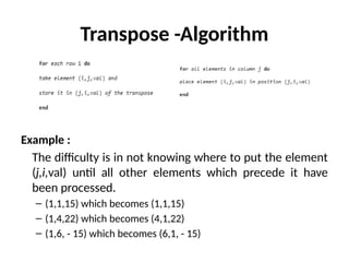 Transpose -Algorithm
Example :
The difficulty is in not knowing where to put the element
(j,i,val) until all other elements which precede it have
been processed.
– (1,1,15) which becomes (1,1,15)
– (1,4,22) which becomes (4,1,22)
– (1,6, - 15) which becomes (6,1, - 15)
 