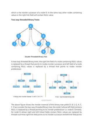 which is the inorder successor of a node D. In the same way other nodes containing
values in the right link field will contain NULL value.
Two-way threaded Binary Trees:
In two-way threaded Binary trees, the right link field of a node containing NULL values
is replaced by a thread that points to nodes inorder successor and left field of a node
containing NULL values is replaced by a thread that points to nodes inorder
predecessor.
ADVERTISEMENT
The above figure shows the inorder traversal of this binary tree yields D, B, E, G, A, C,
F. If we consider the two-way threaded Binary tree, the node E whose left field contains
NULL is replaced by a thread pointing to its inorder predecessor i.e. node B. Similarly,
for node G whose right and left linked fields contain NULL values are replaced by
threads such that right link field points to its inorder successor and left link field points
 
