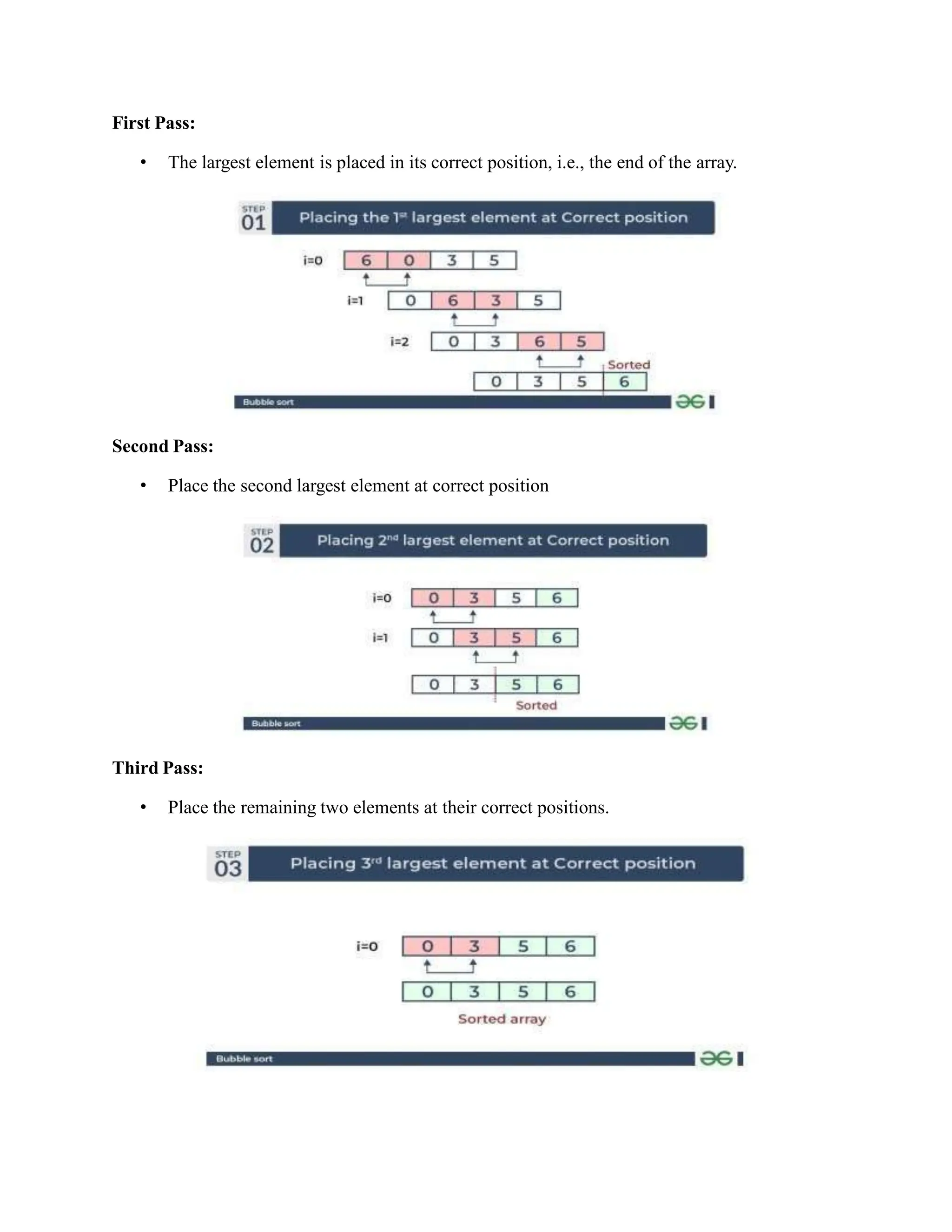 First Pass:
• The largest element is placed in its correct position, i.e., the end of the array.
Second Pass:
• Place the second largest element at correct position
Third Pass:
• Place the remaining two elements at their correct positions.
 