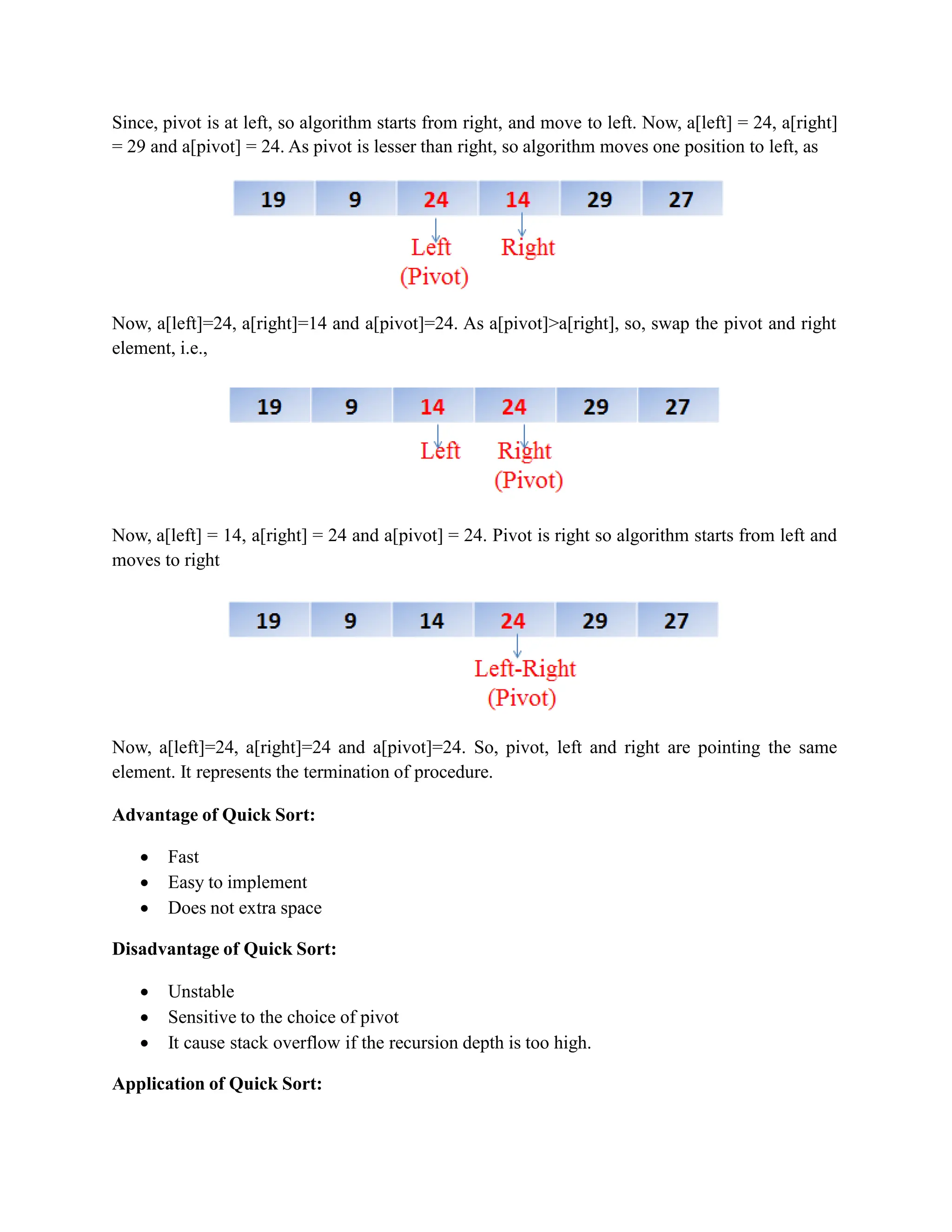 Since, pivot is at left, so algorithm starts from right, and move to left. Now, a[left] = 24, a[right]
= 29 and a[pivot] = 24. As pivot is lesser than right, so algorithm moves one position to left, as
Now, a[left]=24, a[right]=14 and a[pivot]=24. As a[pivot]>a[right], so, swap the pivot and right
element, i.e.,
Now, a[left] = 14, a[right] = 24 and a[pivot] = 24. Pivot is right so algorithm starts from left and
moves to right
Now, a[left]=24, a[right]=24 and a[pivot]=24. So, pivot, left and right are pointing the same
element. It represents the termination of procedure.
Advantage of Quick Sort:
 Fast
 Easy to implement
 Does not extra space
Disadvantage of Quick Sort:
 Unstable
 Sensitive to the choice of pivot
 It cause stack overflow if the recursion depth is too high.
Application of Quick Sort:
 
