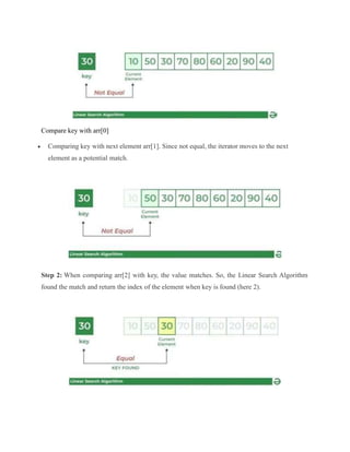 Compare key with arr[0]
 Comparing key with next element arr[1]. Since not equal, the iterator moves to the next
element as a potential match.
Step 2: When comparing arr[2] with key, the value matches. So, the Linear Search Algorithm
found the match and return the index of the element when key is found (here 2).
 