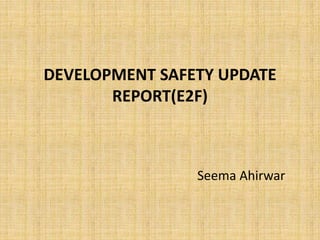 DEVELOPMENT SAFETY UPDATE
REPORT(E2F)
Seema Ahirwar
 